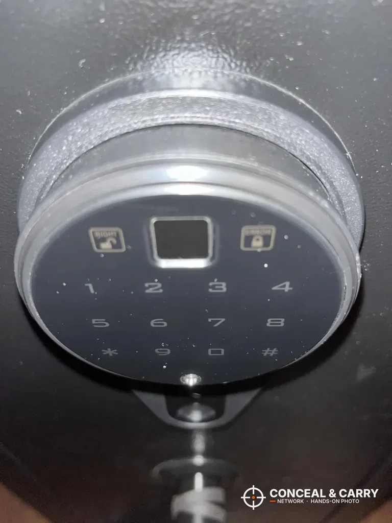 Close-up of the KAER 4-5 gun safe fingerprint reader and number pad