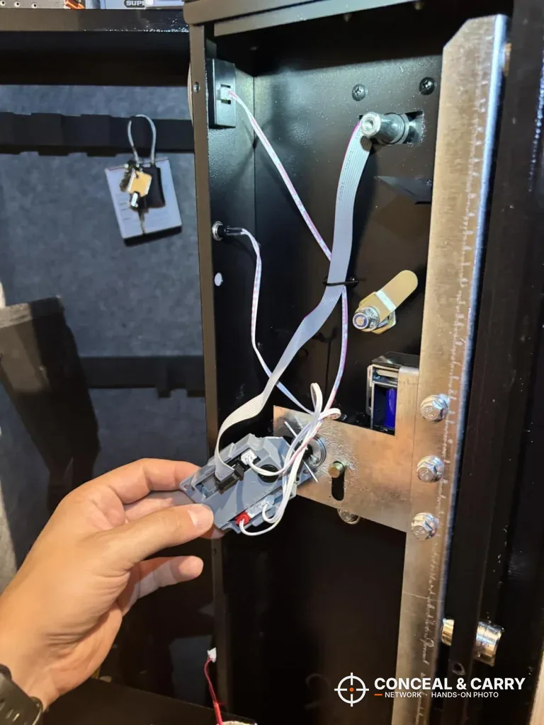 Wiring and lock electronics behind the inner door panel of the KAER 4-5 gun safe