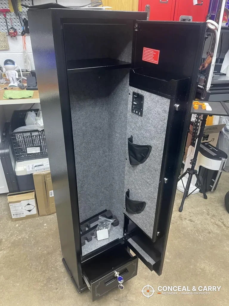KAER 5-6 gun quick access safe open and empty with the drawer at the bottom