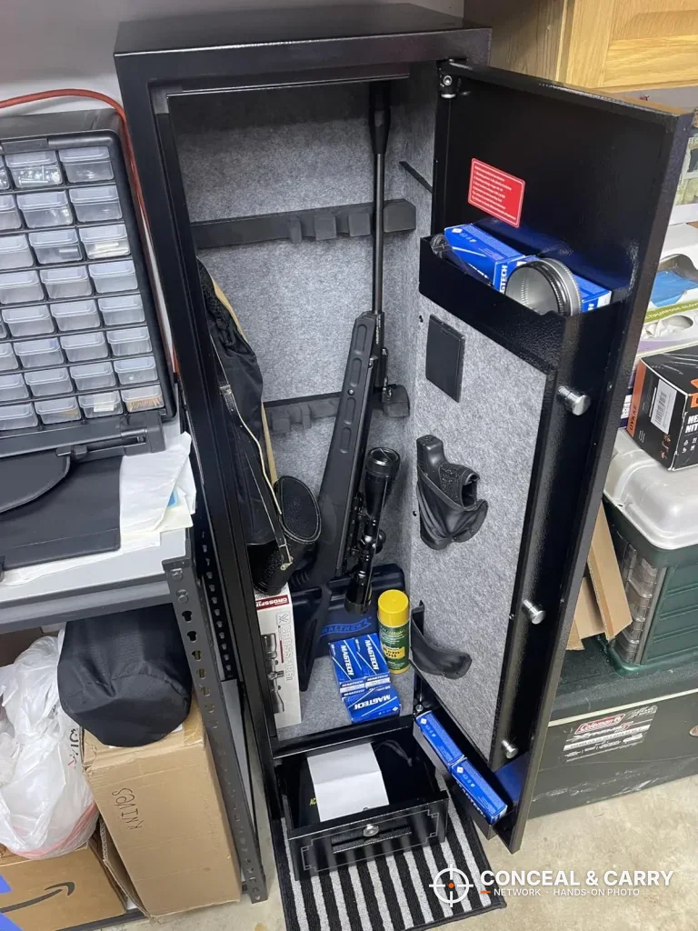 KAER 5-6 gun quick access safe open with the bottom drawer pulled out