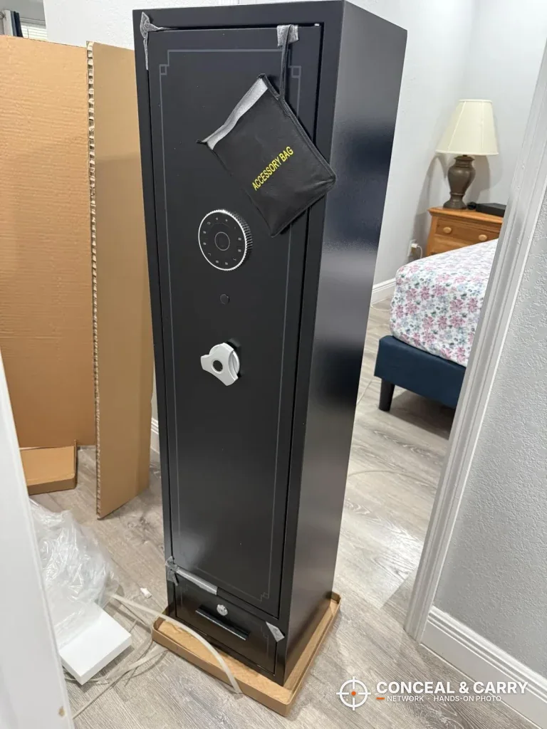 KAER 5-6 gun quick access safe standing closed in a bedroom doorway