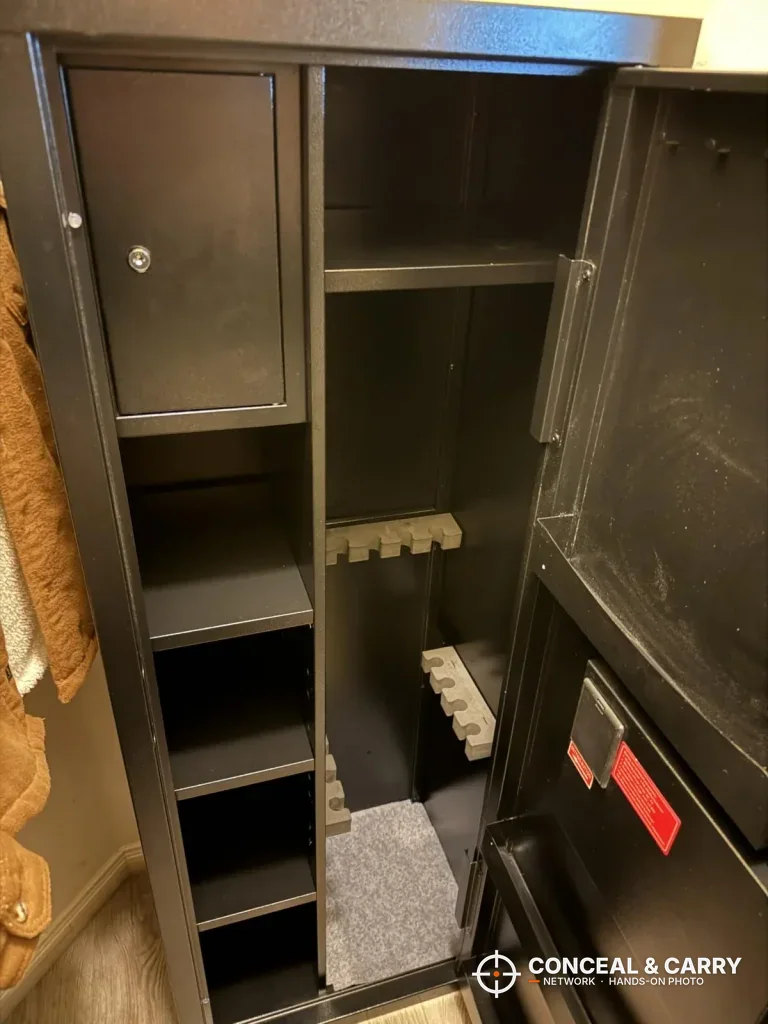 Inside the KAER 8-12 with the keyed corner compartment, side shelves and rifle rack