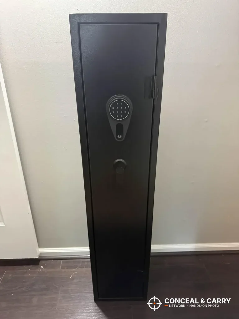 KAER electronic long gun safe closed against a wall, front view