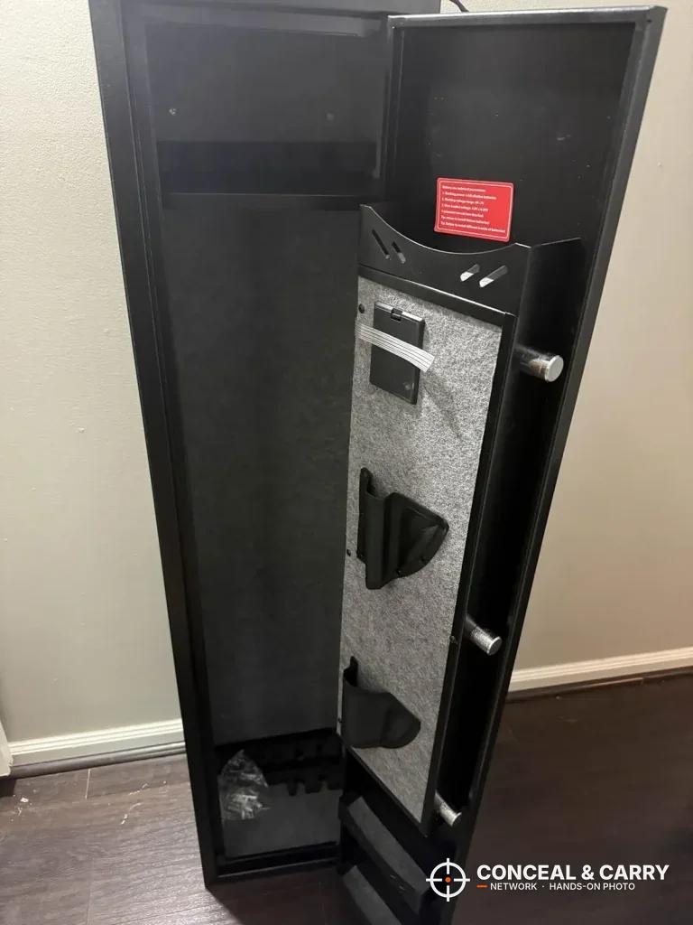 KAER long gun safe door open on an empty cabinet, with bolts along the door edge