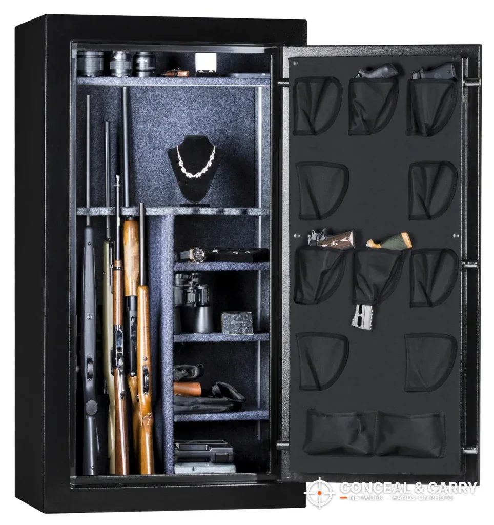 Kodiak KBX5629 open with long guns on the left, shelves on the right and pistols in the door organizer