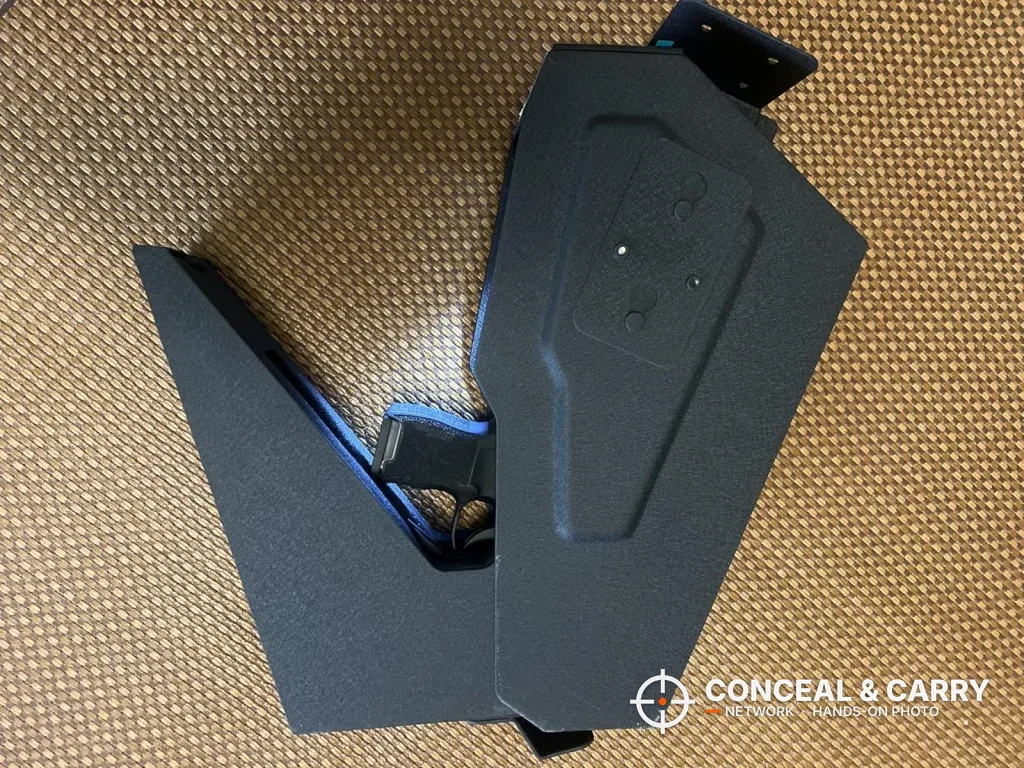 KornerBatl safe lying flat with the drawer open and a pistol inside