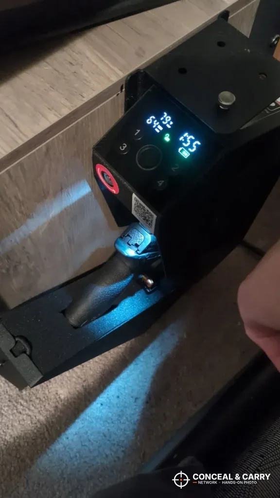 KornerBatl LCD display lit with the drawer open and the interior LED on