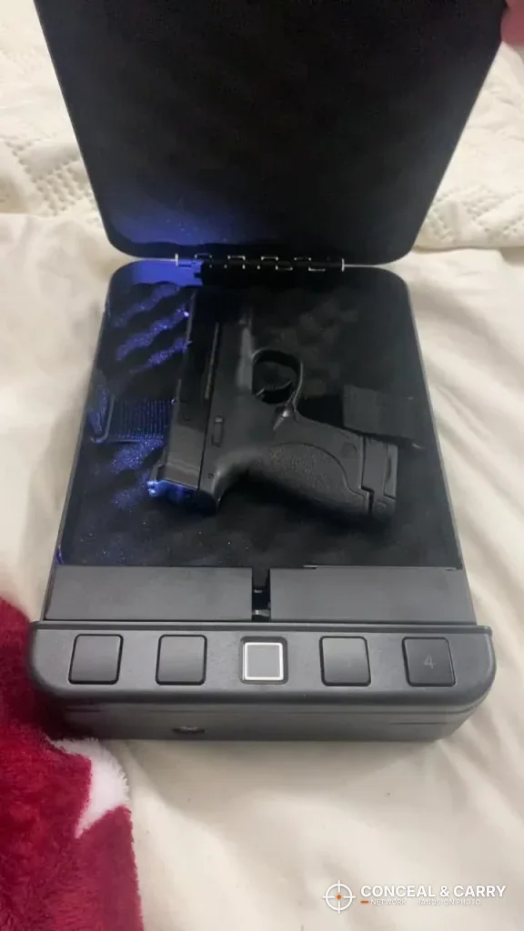 Pistol in the open Langger lock box under the blue interior light