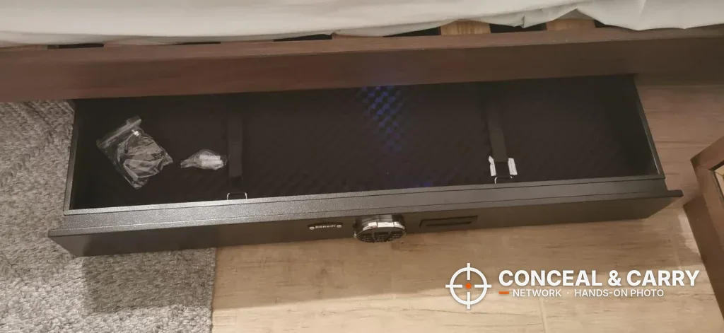 Langger under-bed gun safe drawer pulled out from under a bed