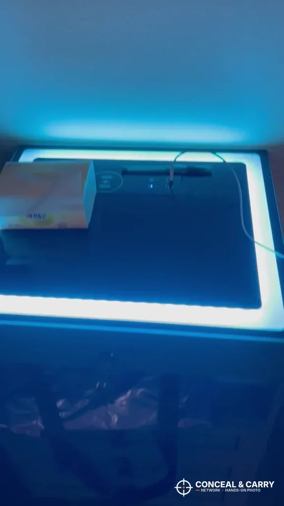 Blue LED frame glowing around the Lvifur nightstand top