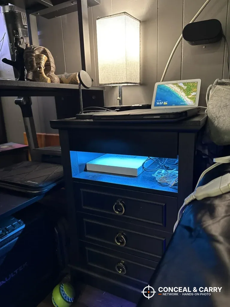 Lvifur nightstand beside a bed with the open shelf lit blue