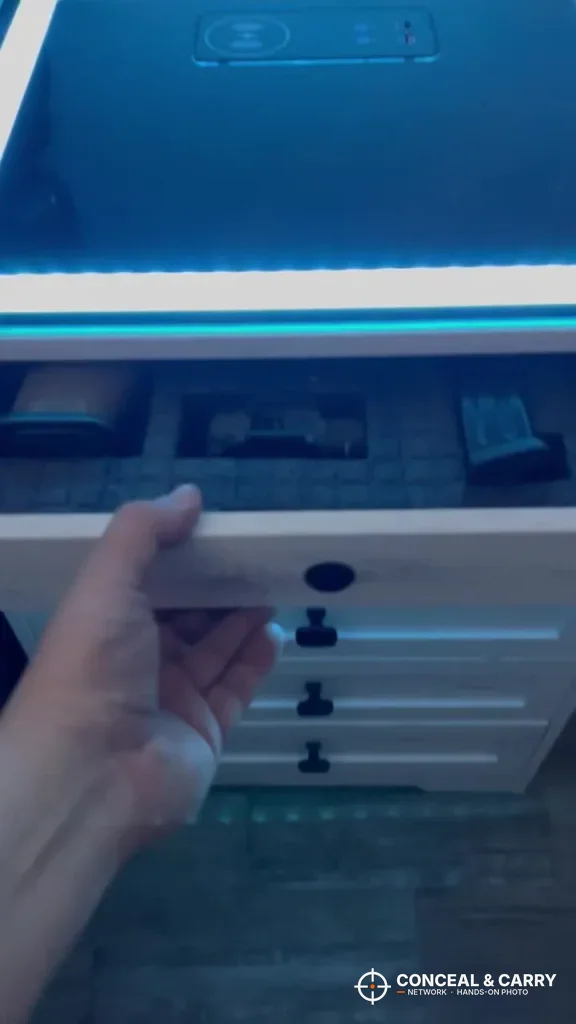Hand at the Lvifur nightstand with foam-lined storage showing under the lit top