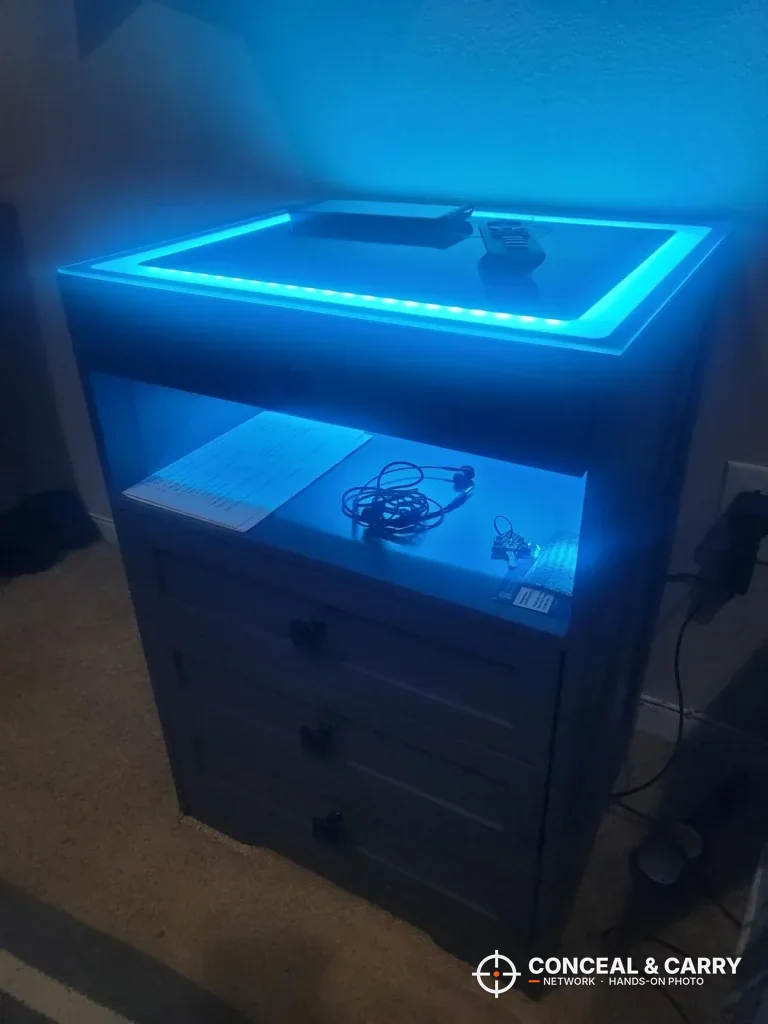 Lvifur nightstand with blue LED light around the top and the shelf