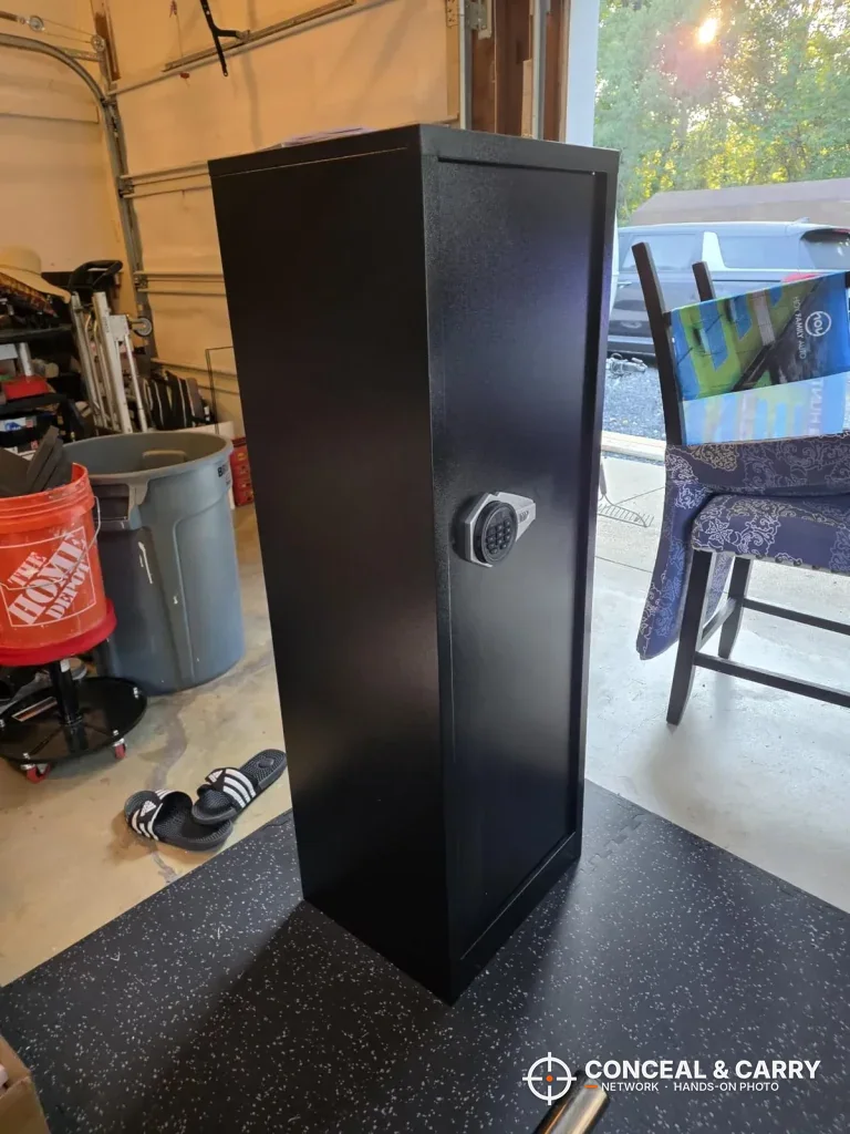Marcree 8-10 gun safe standing on a mat in a garage