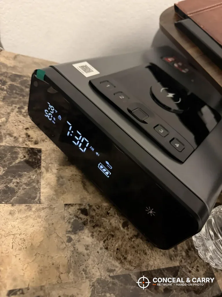 Mboko safe display showing the time and readings on a marble counter