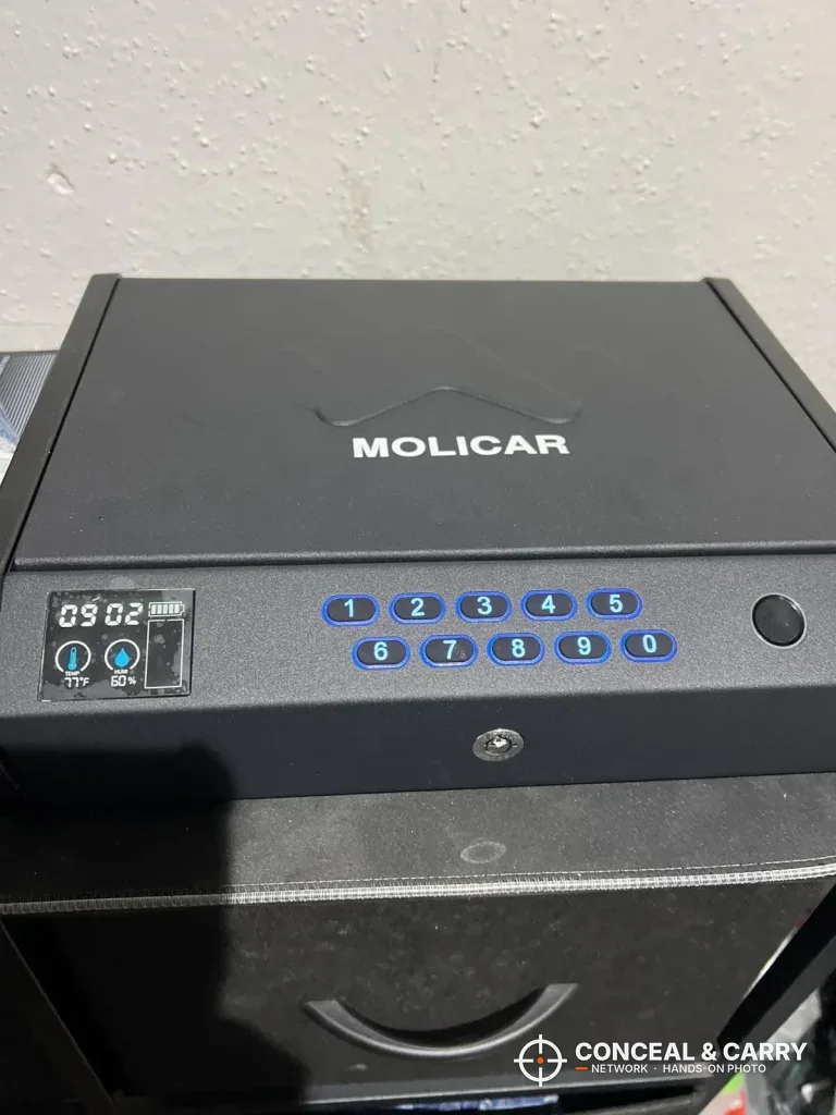 MOLICAR safe front panel with the LCD, keypad and fingerprint reader lit