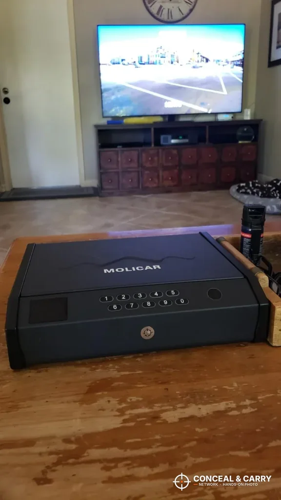 MOLICAR bedside safe closed on a wooden table in a living room