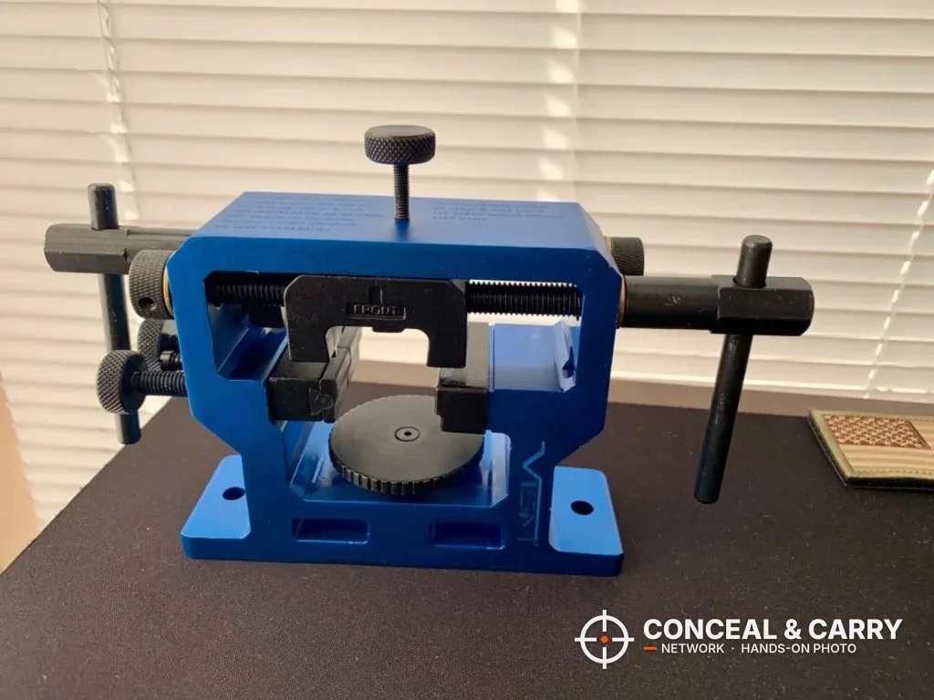 NcSTAR VISM front and rear sight tool standing on a desk