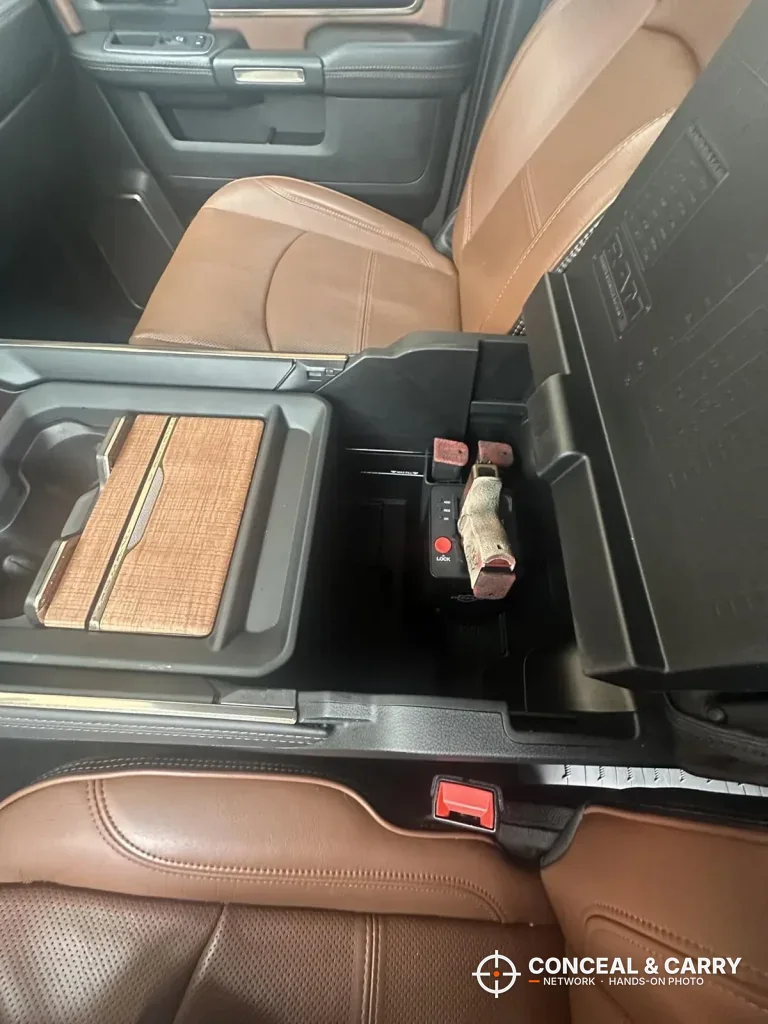 ONNAIS open-design safe inside a pickup center console