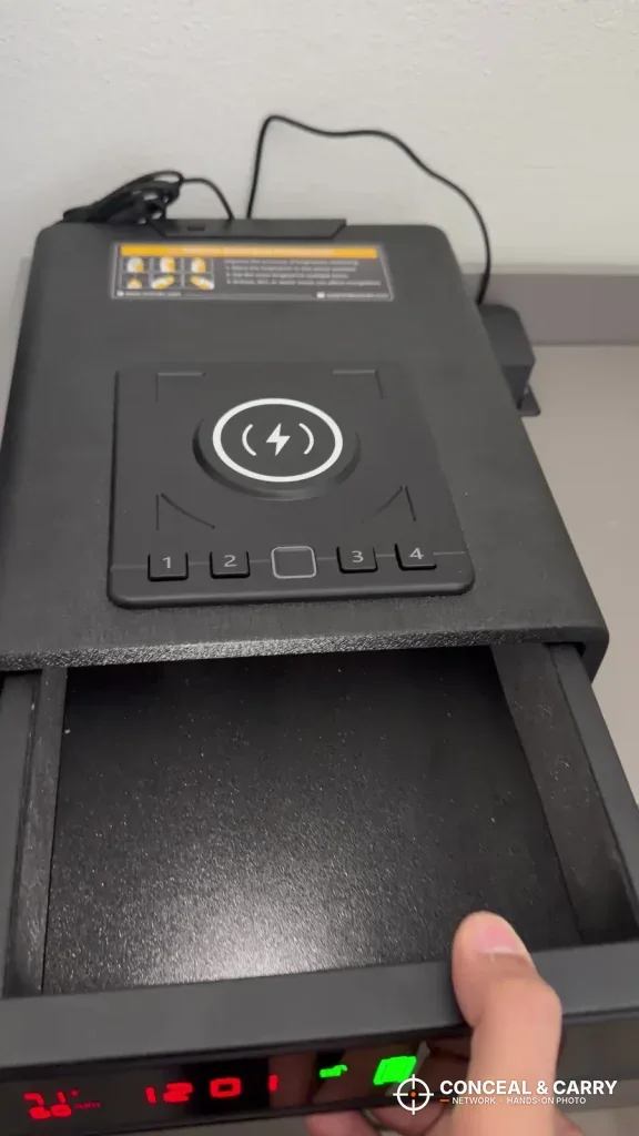ORARAER smart charging safe with the drawer pulled open and empty