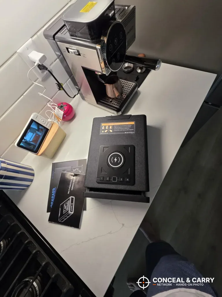 ORARAER smart charging safe unboxed on a counter with its paperwork