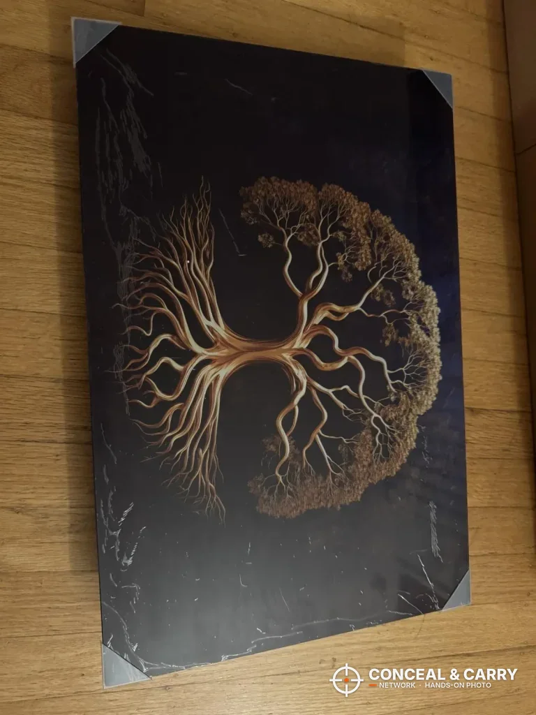 Hidden wall safe in the PJJSZST style with a tree print on the front