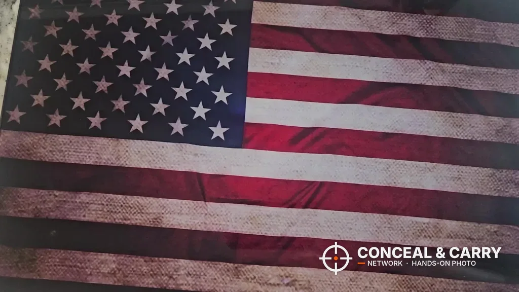 Close-up of the worn American flag print on the PJJSZST safe front