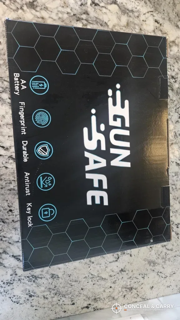 PJJSZST gun safe retail box with a row of feature icons