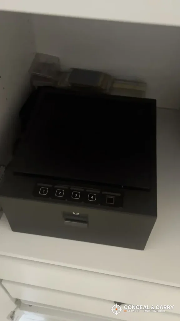 RPNB 4-pistol safe closed on a white shelf