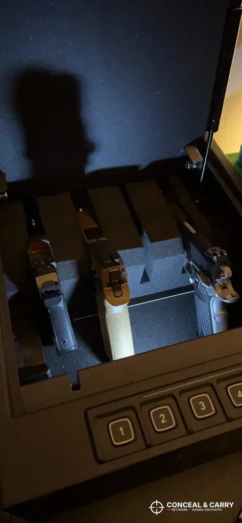 RPNB 4-pistol safe interior light on with pistols in the rack