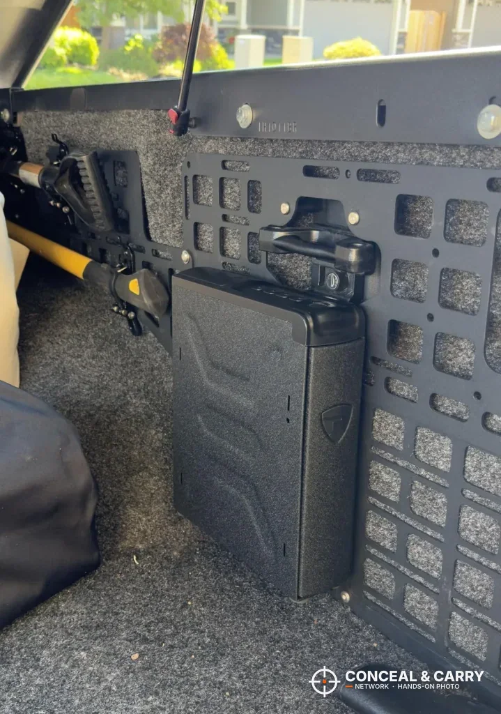 RPNB bedside safe mounted on a panel in a truck bed