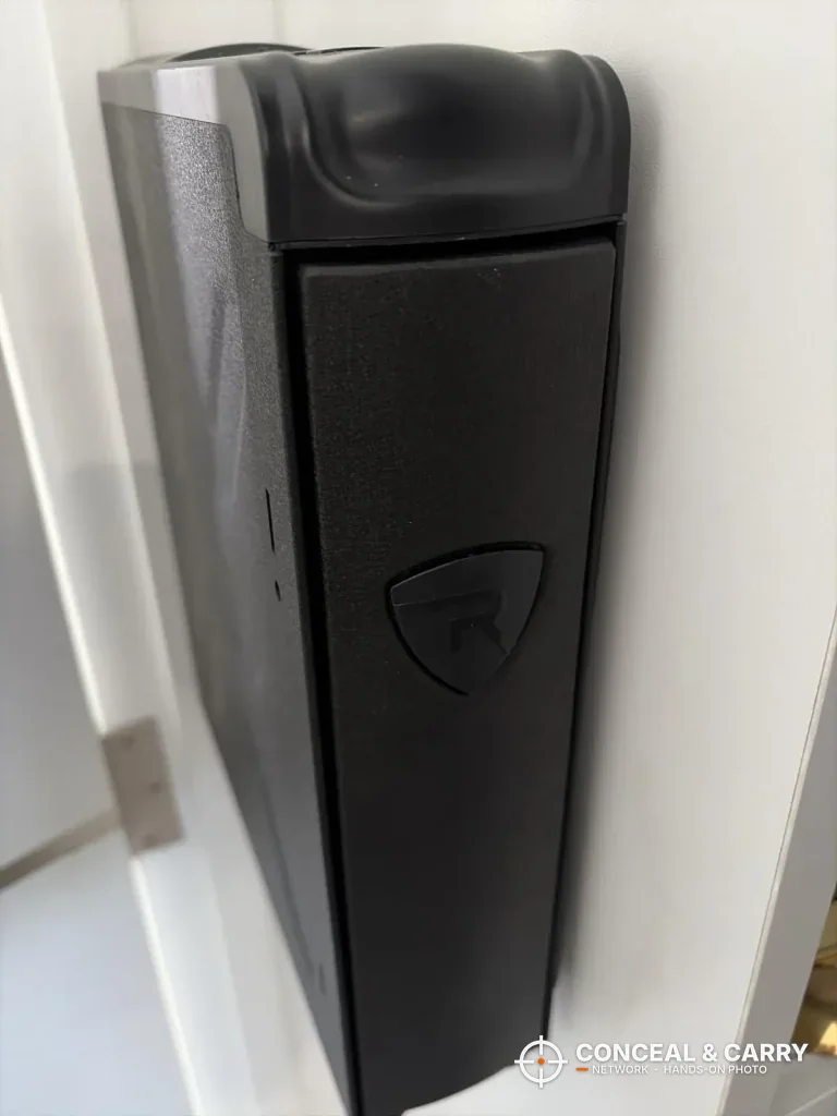 RPNB bedside safe closed and mounted upright against a wall