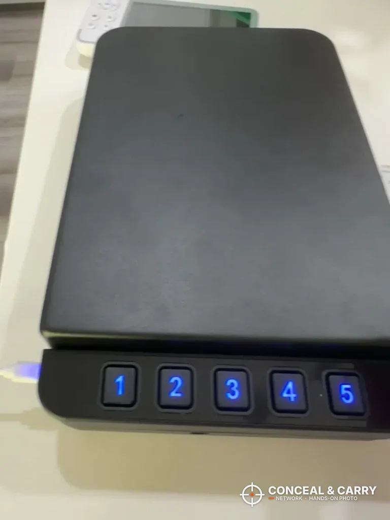 RPNB portable car gun safe keypad lit blue on the front edge