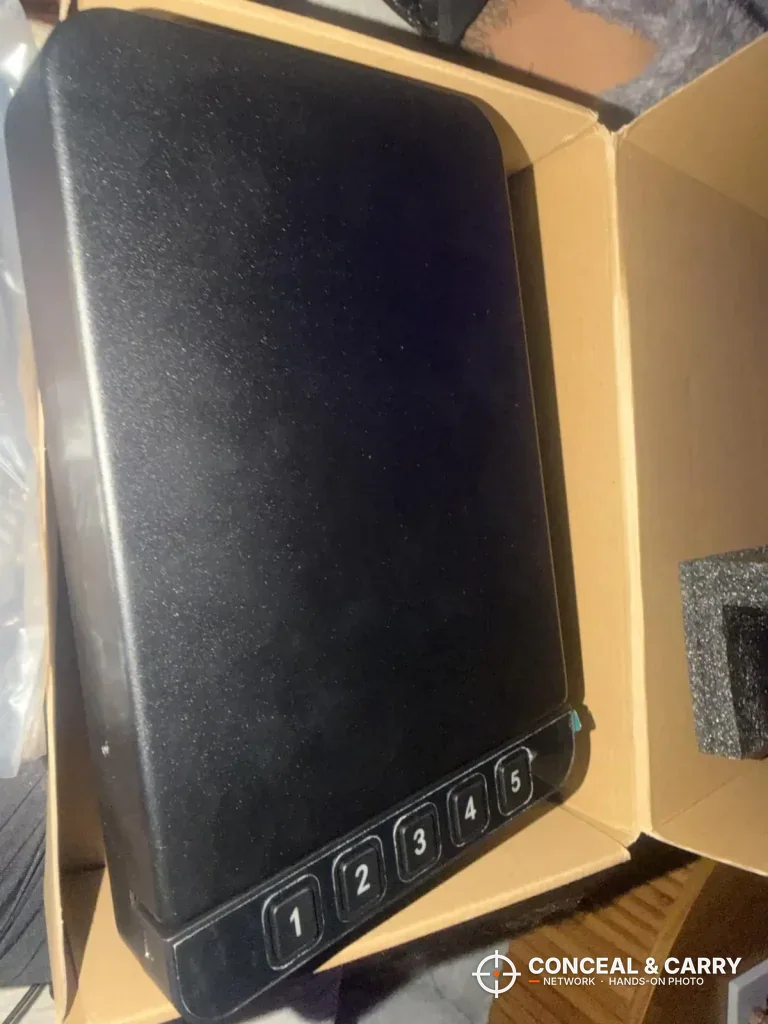 RPNB portable car gun safe sitting in its shipping box