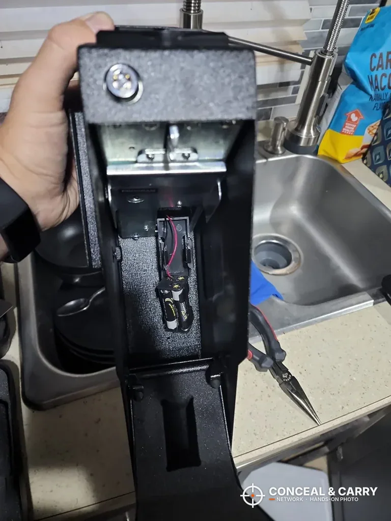 RPNB RP311F housing opened up with the latch hardware and wiring showing