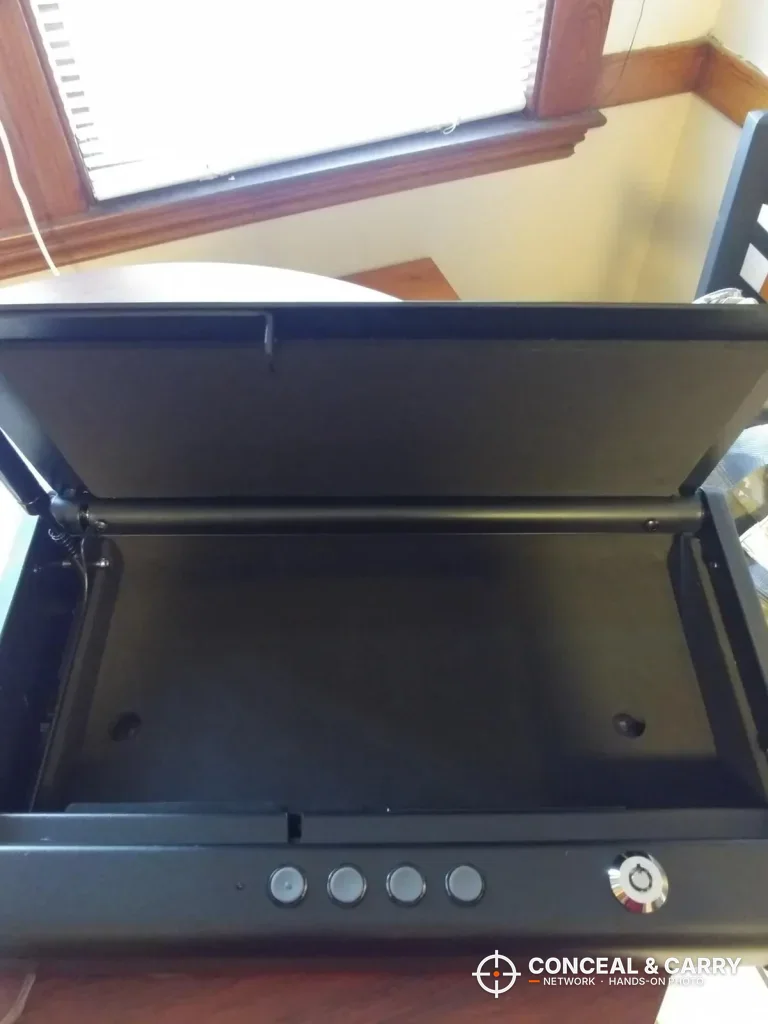 SentrySafe QAP2E lid open on an empty, lined interior