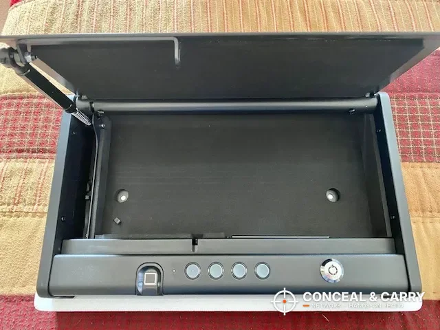 Empty, lined interior of the SentrySafe QAP2BLX with the lid up