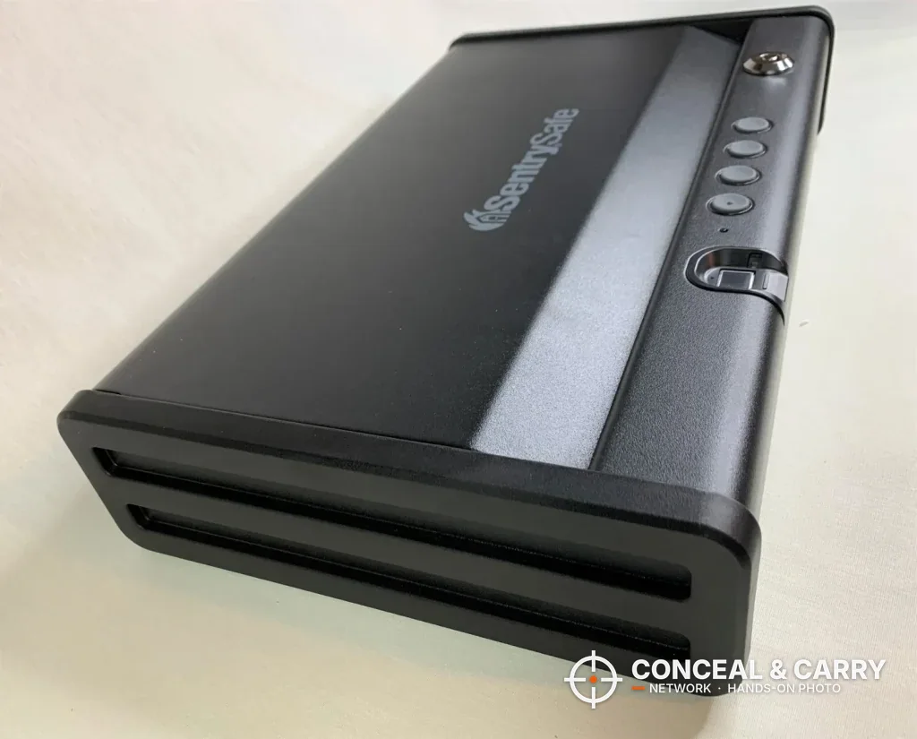 SentrySafe QAP2BLX standing on end, side profile