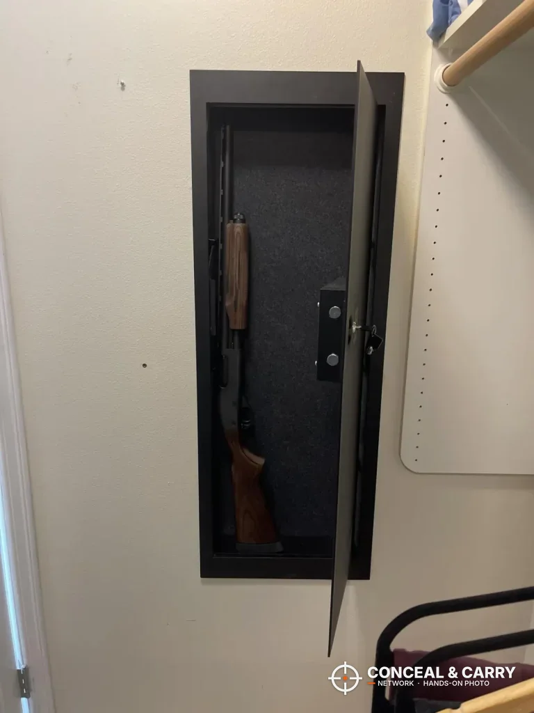 SnapSafe in-wall long gun safe set into a wall, door open with a wood-stocked long gun inside