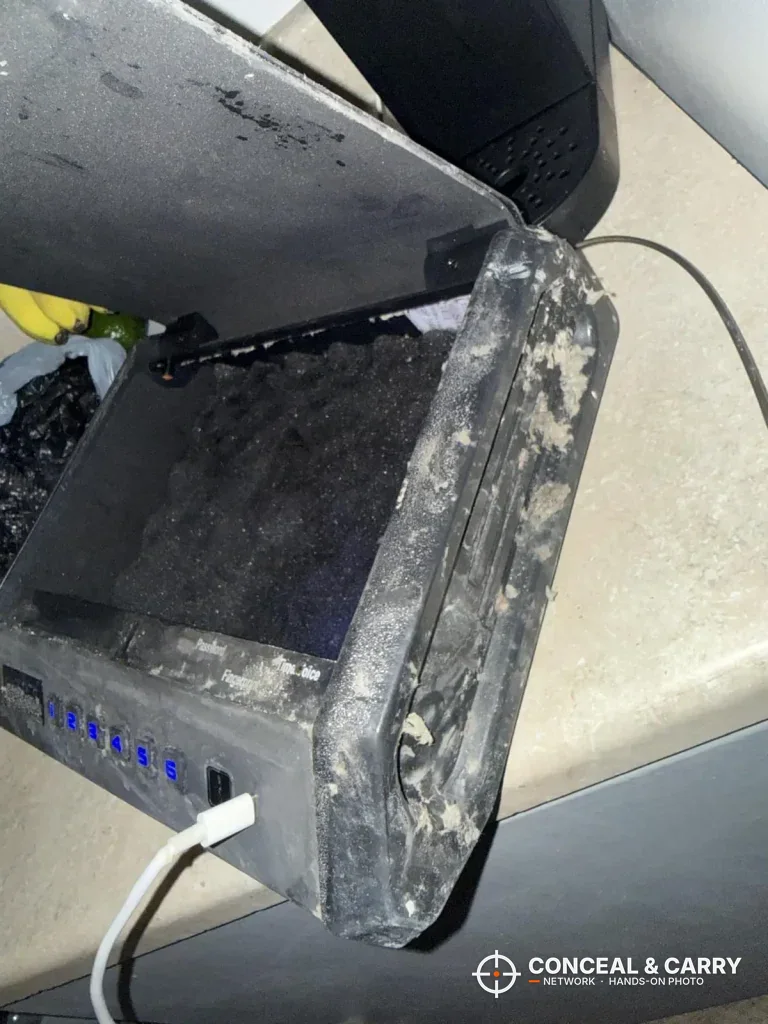 TOPMEDA safe open with a white cable attached