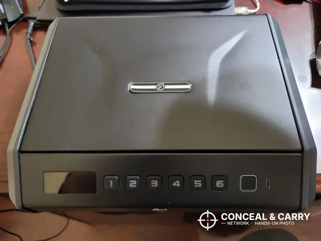 TOPMEDA large biometric pistol safe closed, front view with LCD and keypad