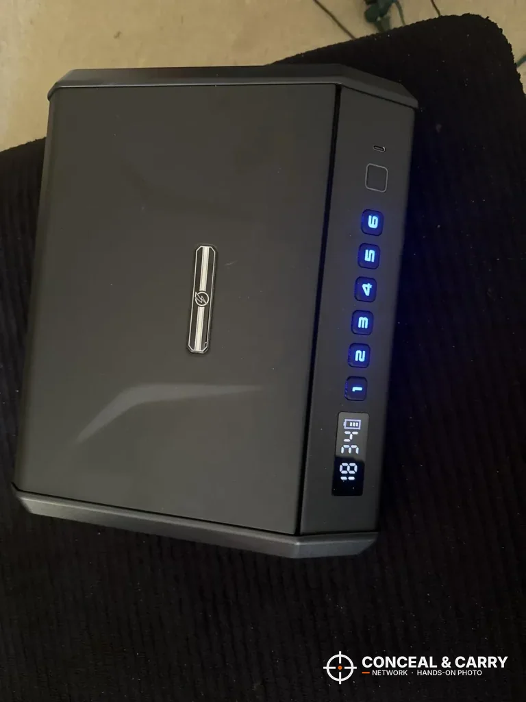 Top view of the closed TOPMEDA safe with the keypad lit along the edge