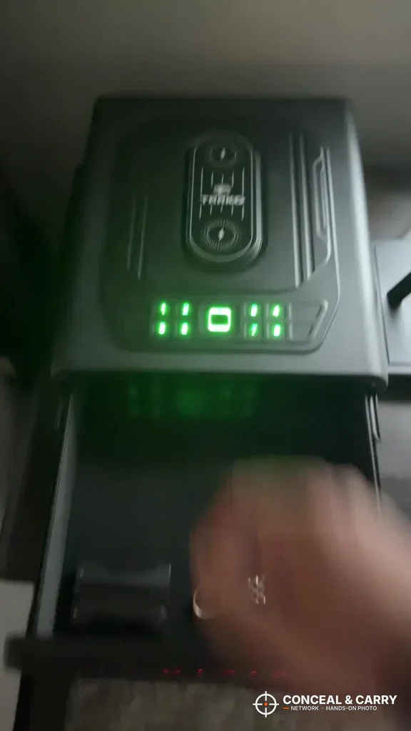 TRRKO safe drawer sliding open with the keypad lit green