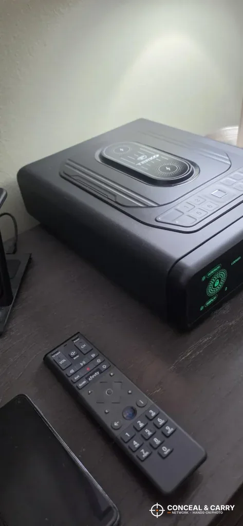 TRRKO charging safe on a dark nightstand, front corner view