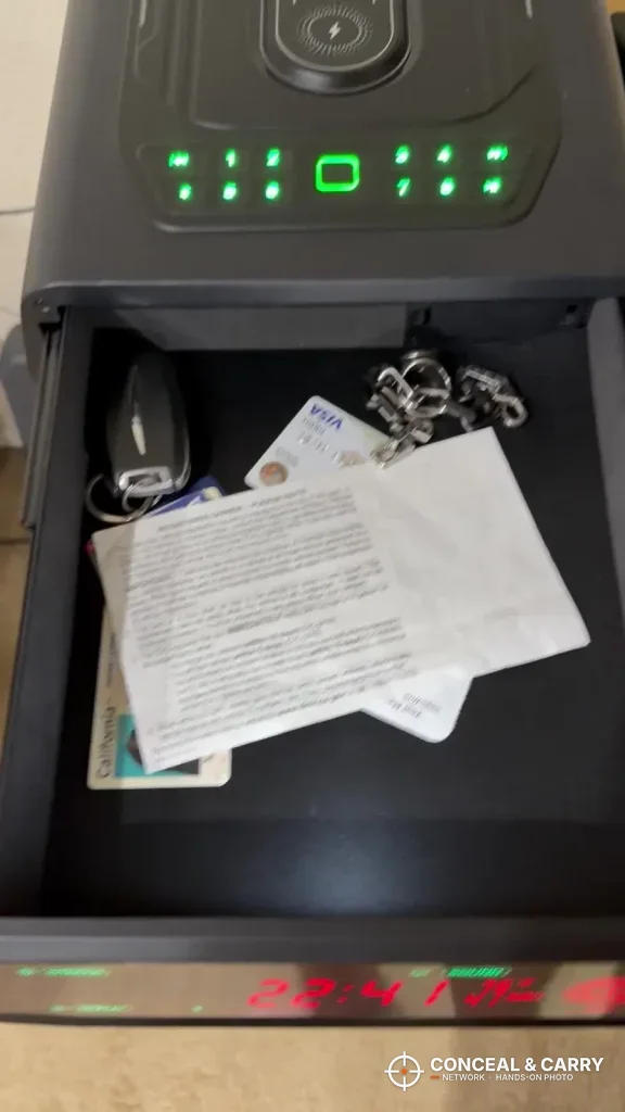TRRKO safe drawer open with paperwork and keys inside