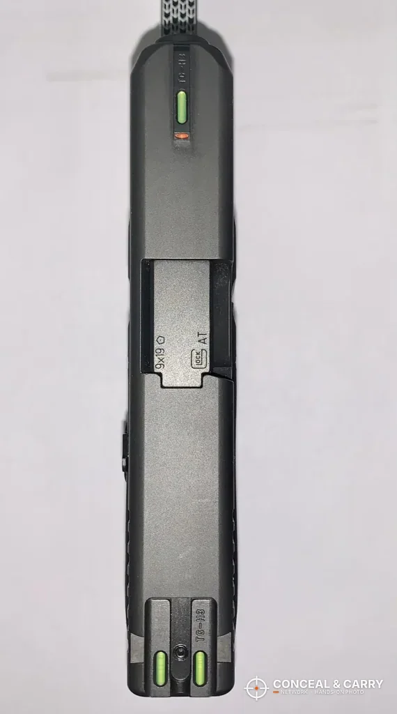 Top view of a slide with front and rear sights lined up, the check to make after using the TRUGLO sight tool