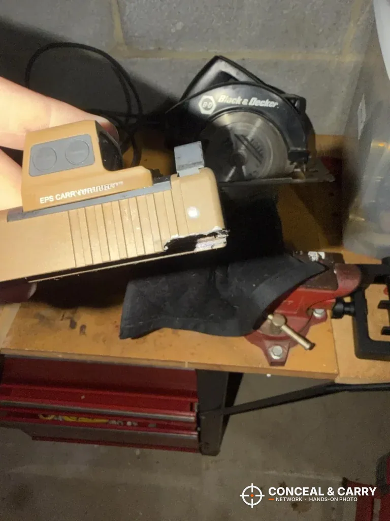 Stripped tan pistol slide ready for the TRUGLO sight tool