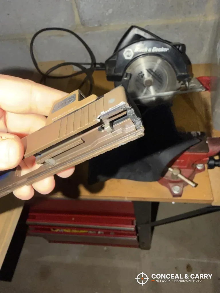 Underside of a stripped slide before it goes in the TRUGLO sight tool