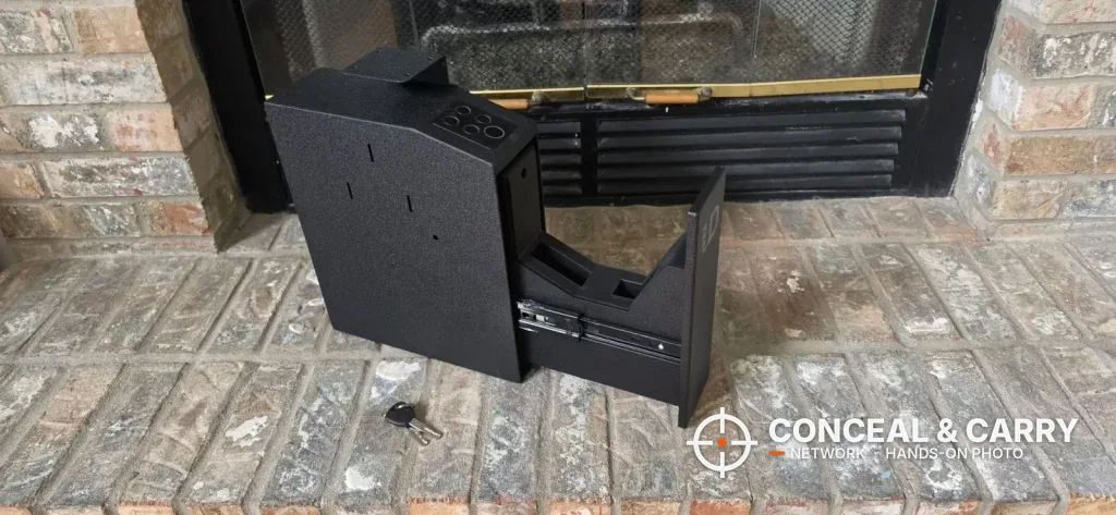 Urban Deco biometric safe lying on its side with the door slid out