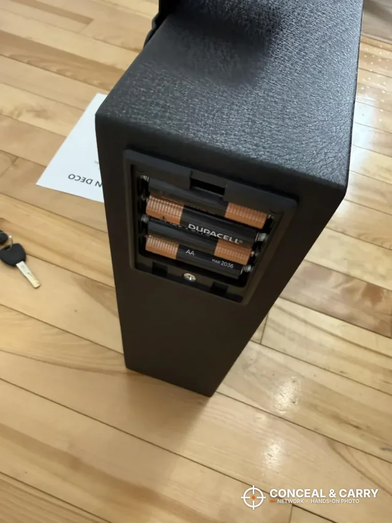 Urban Deco pistol safe battery compartment with batteries installed